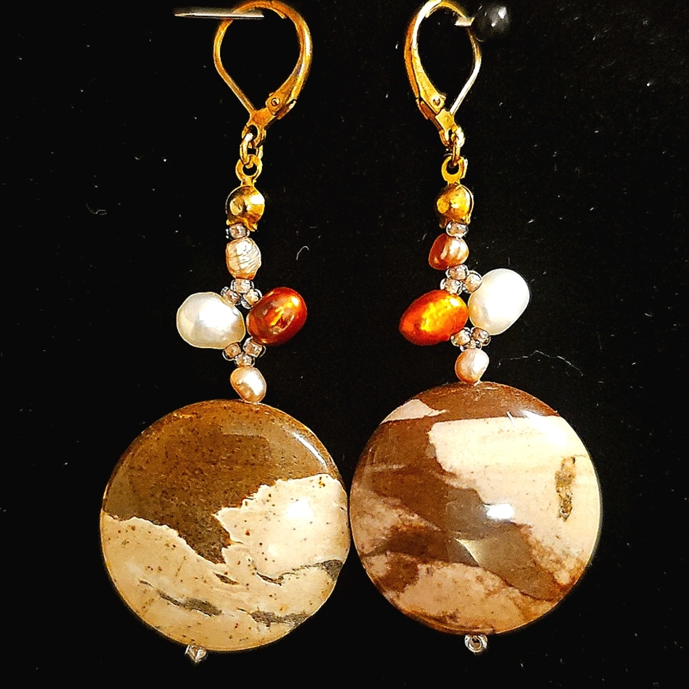 Natural Gemstone and Freshwater Pearl Dangle Earrings